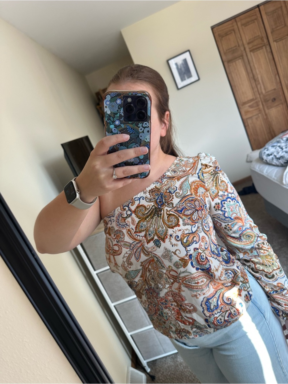 Women’s One-Shoulder Paisley Blouse - White Multicolor - Picture 2 of 2